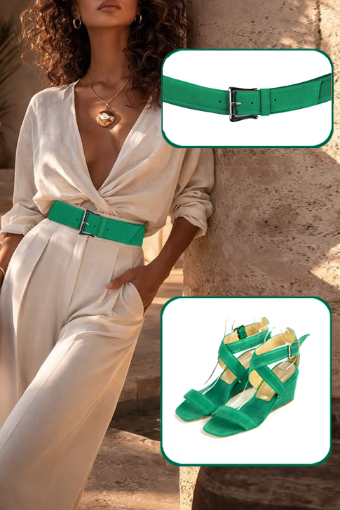 Women's emerald green elegant fully open cross straps sandals. Square toe. Medium wedge heels - Worn view